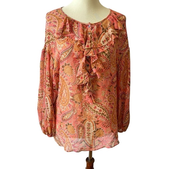 SUNDANCE SILK TOP SZ S PAISLEY BOHEMIAN RUFFLE INDIE BALLOON SLEEVES FLOWY - Picture 2 of 12